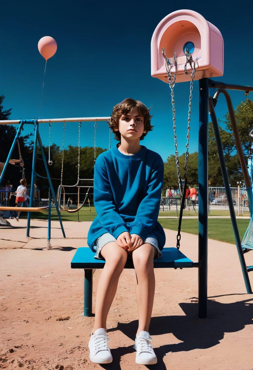 A collage showcasing the contrast between innocence and digital dilemmas, featuring a young person divided between a vintage school playground and a dark, chaotic digital world filled with social media icons, emojis, and flashing notifications. Use warm pastel colors on the playground side and darker, moody hues on the digital side, capturing the tension of adolescence in the age of technology. super-realistic. vibrant colors. digital art.
