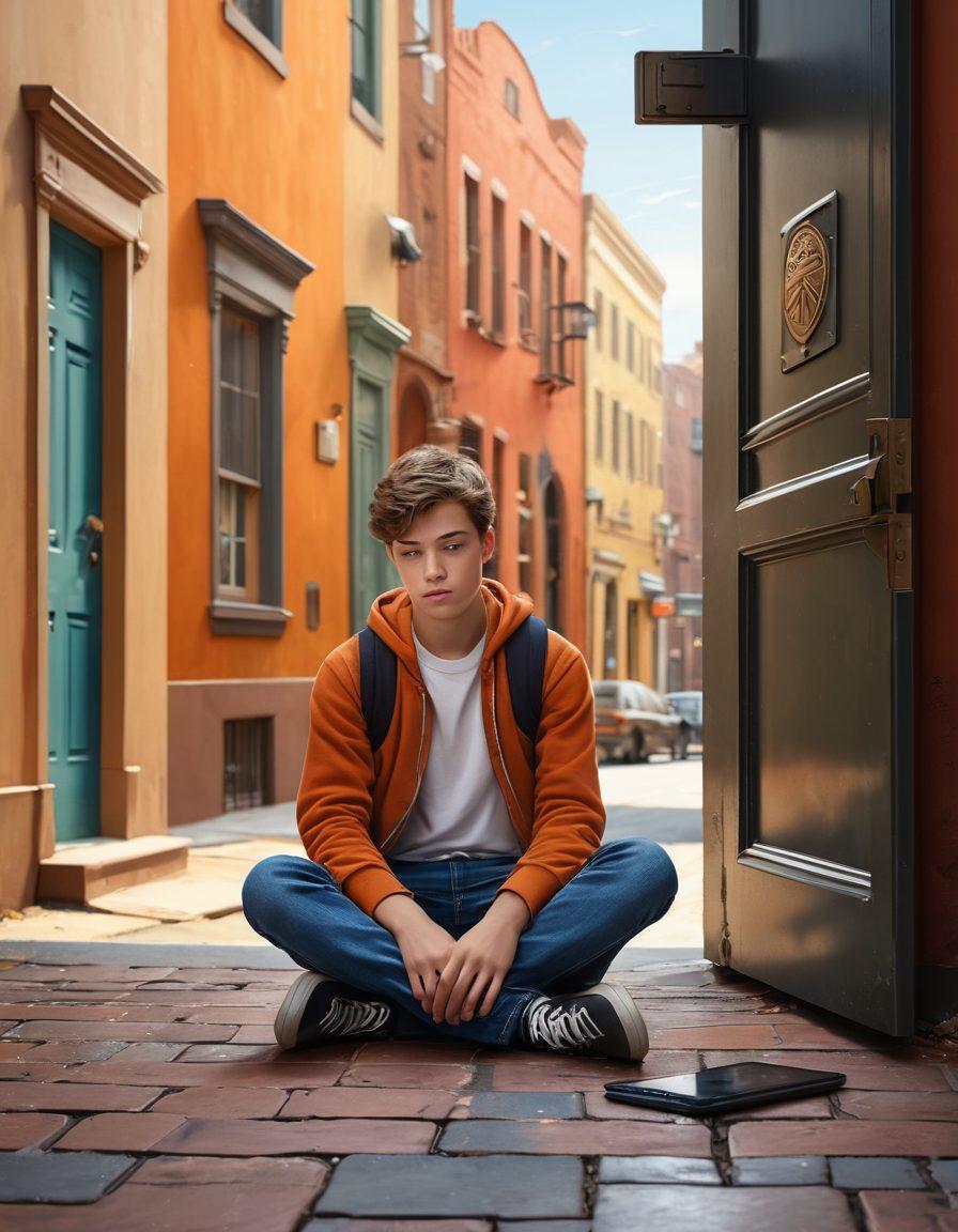 A thoughtful teenager engaging with digital devices, surrounded by a harmonious blend of symbols representing freedom (like open doors) and safety (such as shields and locks). The background features a contrasting urban landscape, showcasing both connectivity and caution. Expressions of curiosity and reflection on the teen's face, with a warm and inviting color palette. super-realistic. vibrant colors. 3D.