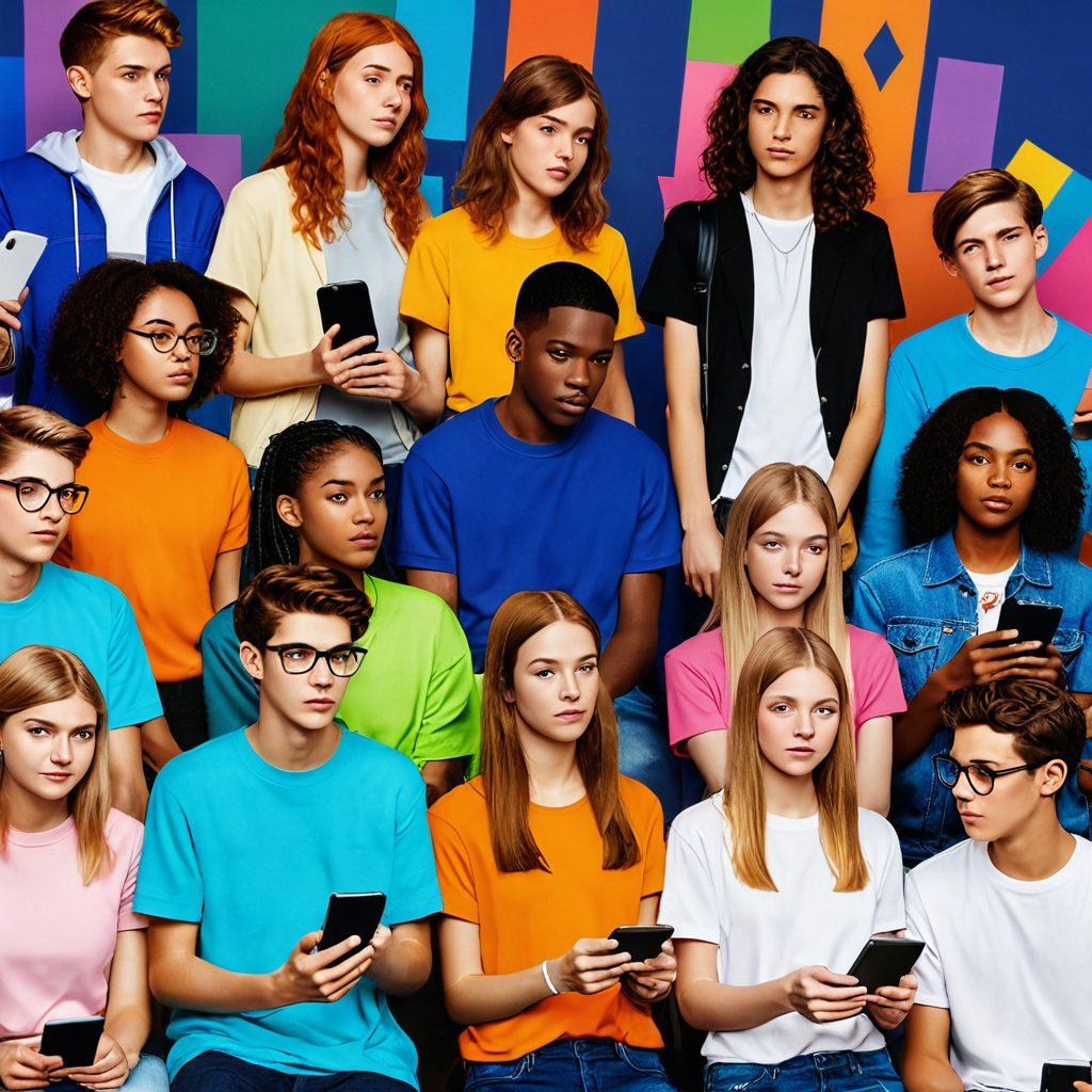 A diverse group of teenagers engaging in lively discussions about digital ethics and legal boundaries, surrounded by symbolic elements like smartphones, law books, and social media icons. The background features a blend of both urban and nature settings, representing their dual world. The scene captures the dynamic and controversial aspects of youth culture today. vibrant colors. 3D illustration.